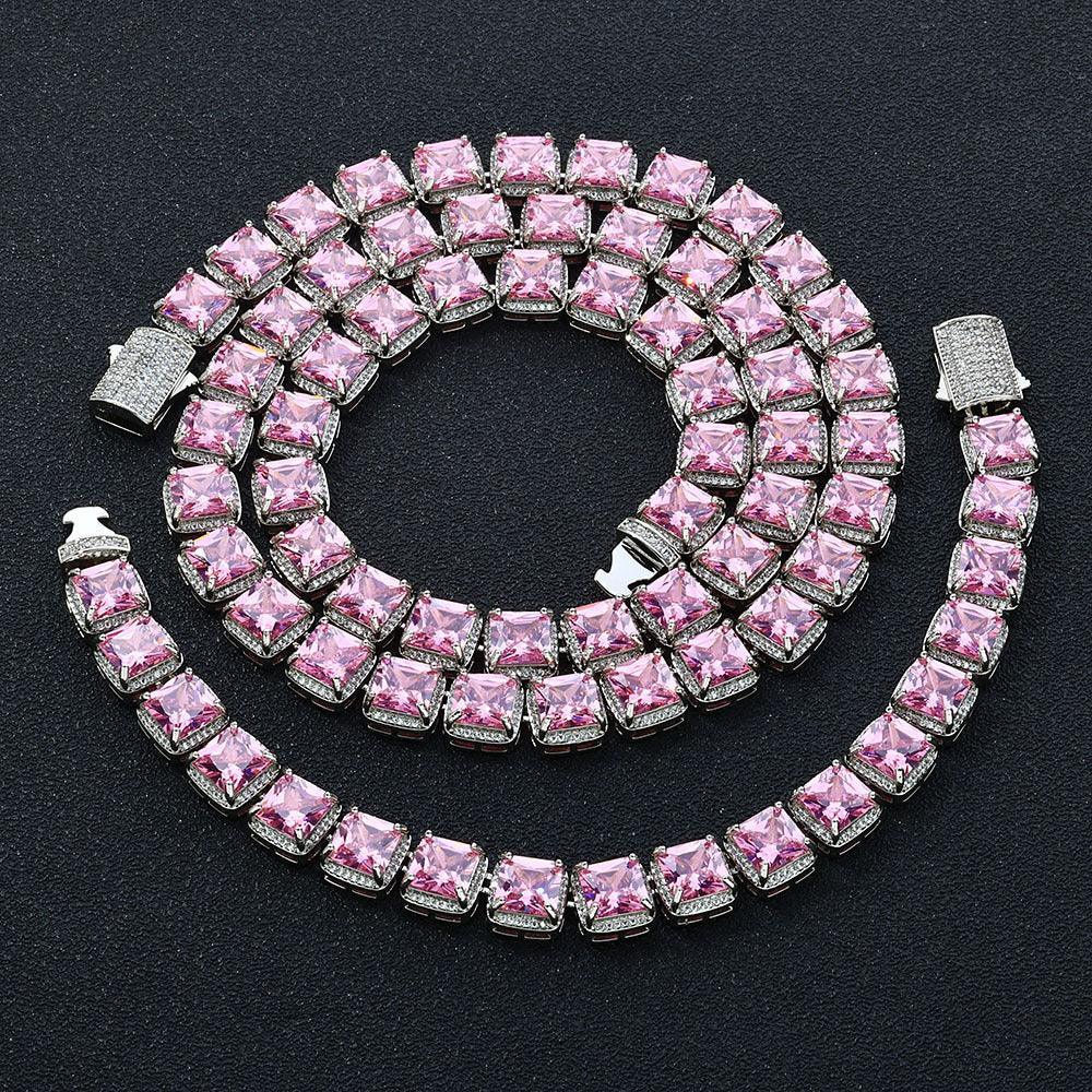 Custom 10mm Pink Baguette Sugar Link Necklace & Bracelet Hip Hop Bling | Caratix - CaratixJewelry